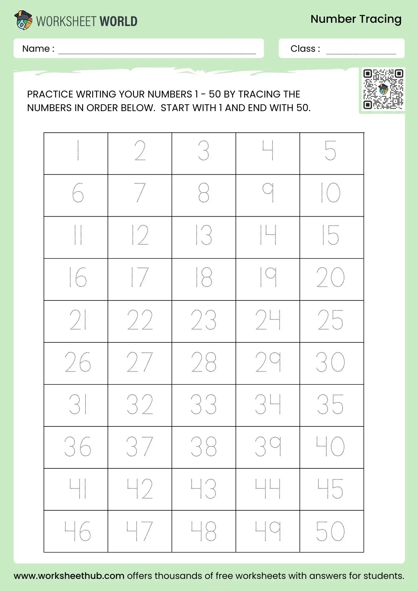1 To 50 Number Tracing Worksheet Worksheet World