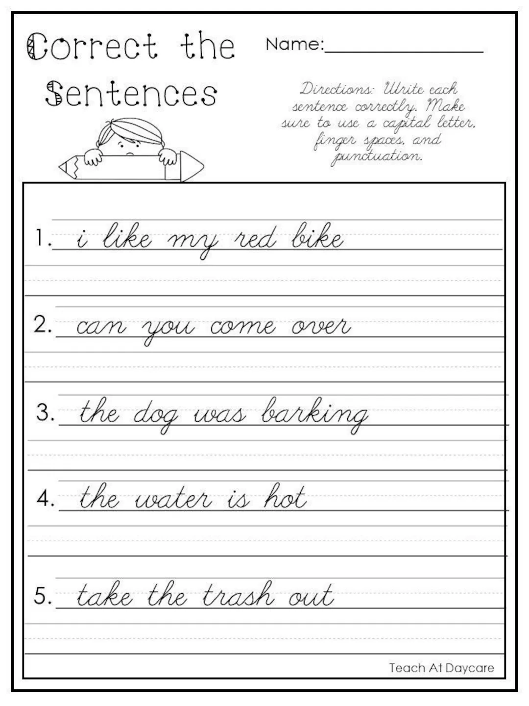 10 Printable Cursive Correct The Sentences Worksheets 1st 2nd 