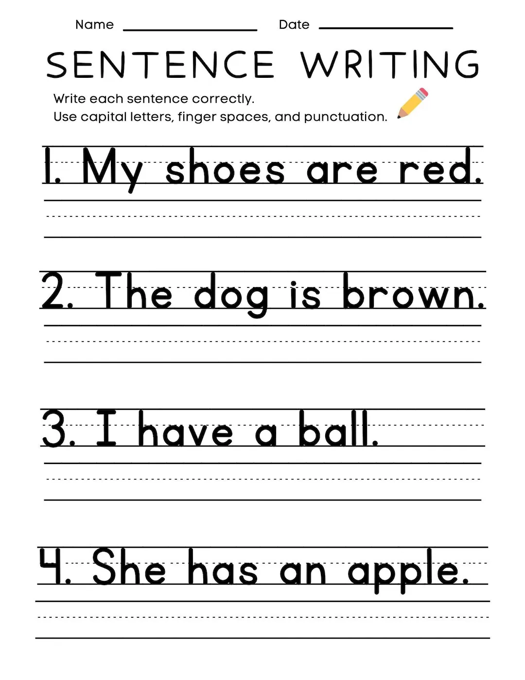 Tracing Simple Sentences Worksheets