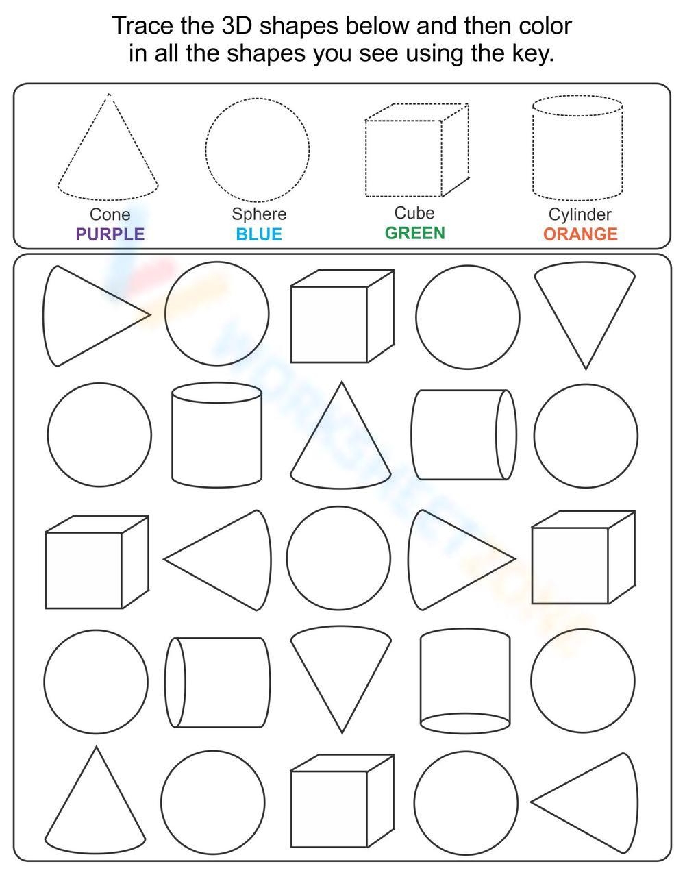 3D Shapes Trace And Learn Worksheet