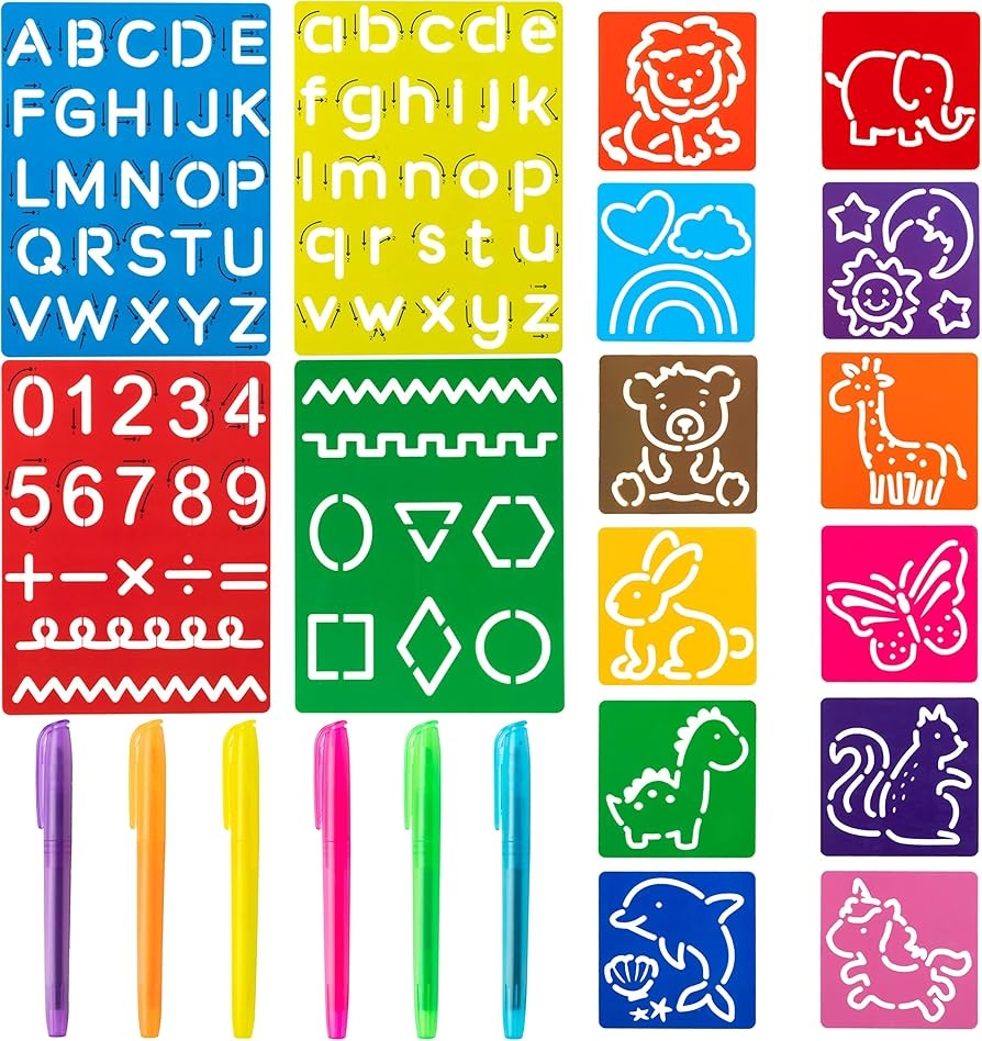 3sscha 22Pcs Alphabet Tracing Stencil Set For Kids Drawing Stencils With Color Highlighter Letters Numbers And Cute Animal Pattern Paint Boards Learn 