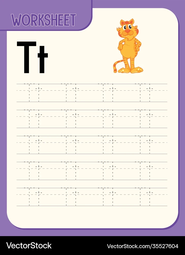 Alphabet Tracing Worksheet With Letter T Royalty Free Vector 
