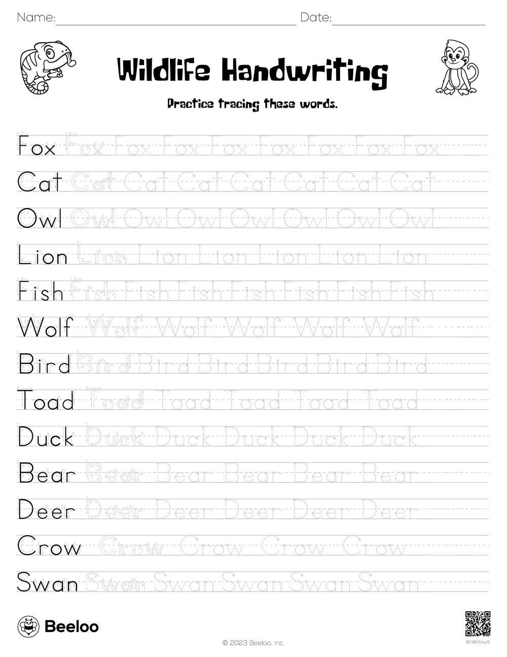 Animal themed Word Tracing Worksheets Beeloo Printable Crafts 