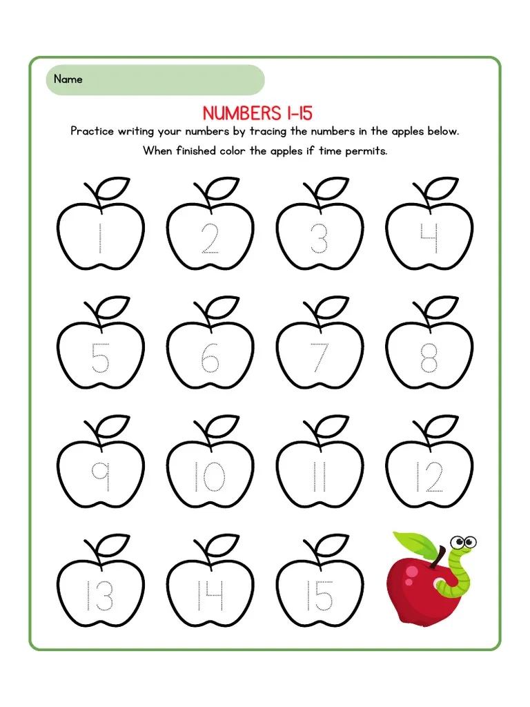 Apple Number Tracing 1 15 Worksheet PDF