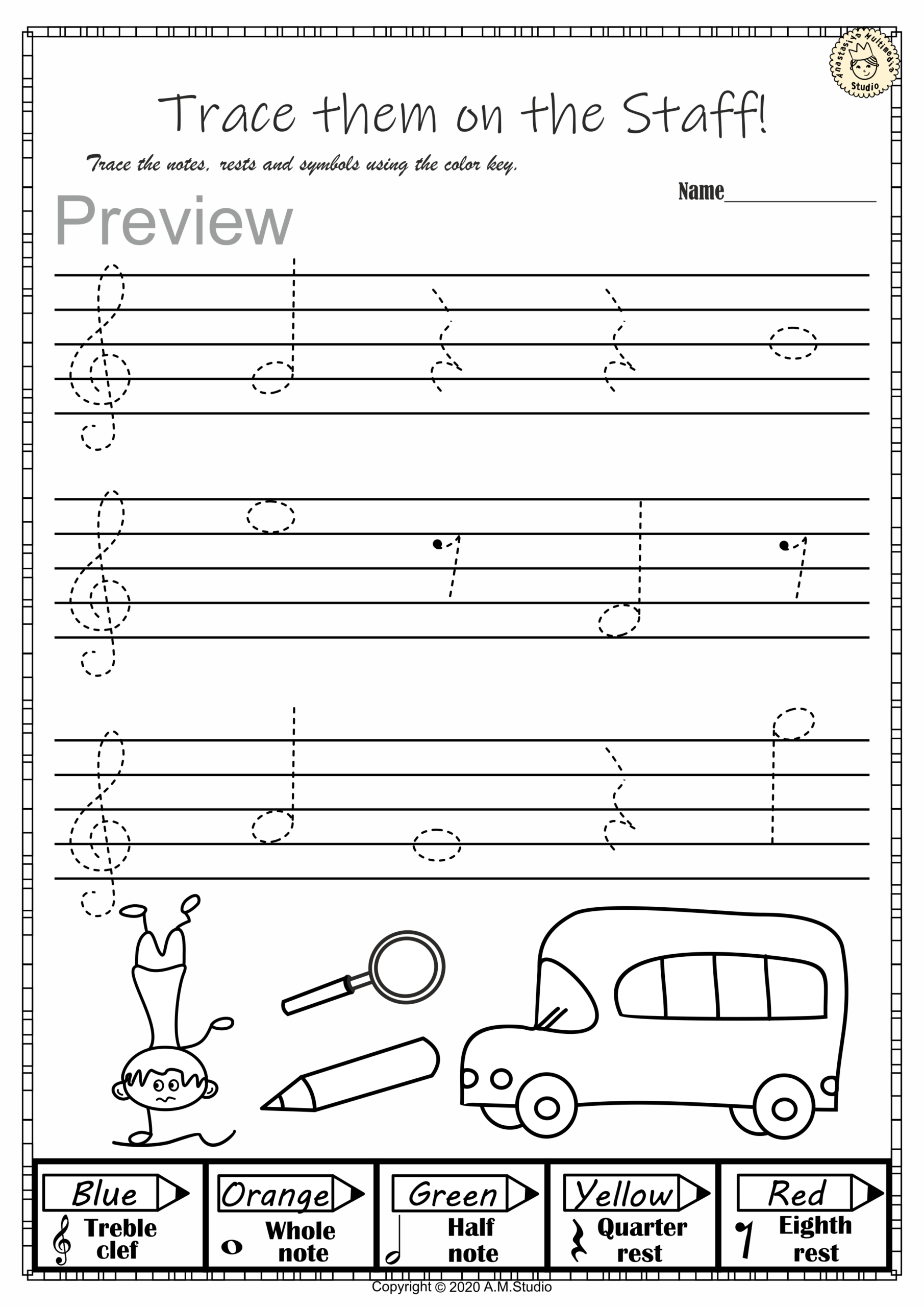 Back To School Trace And Color Music Sheets 2 Tracing Notes On 