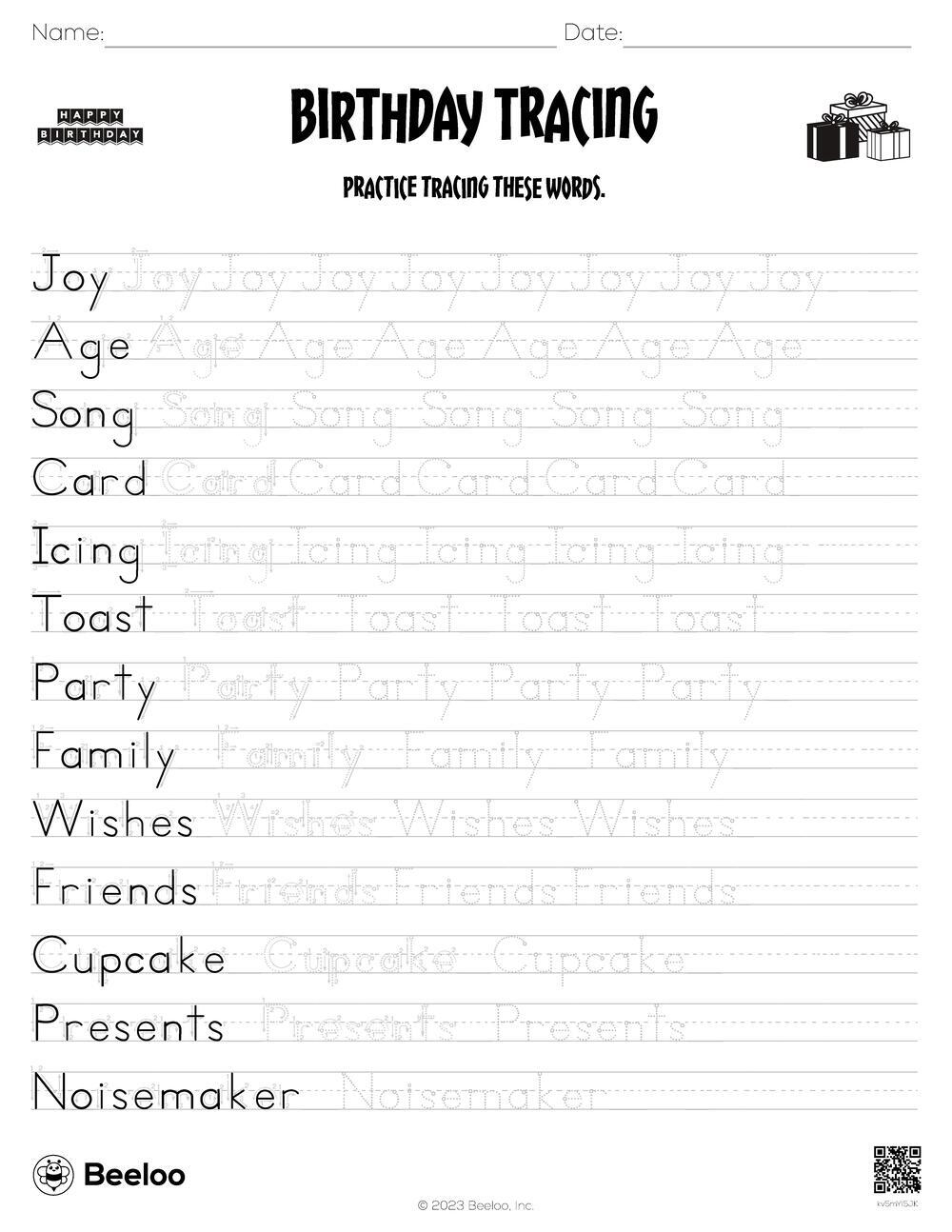Birthday Tracing Worksheets