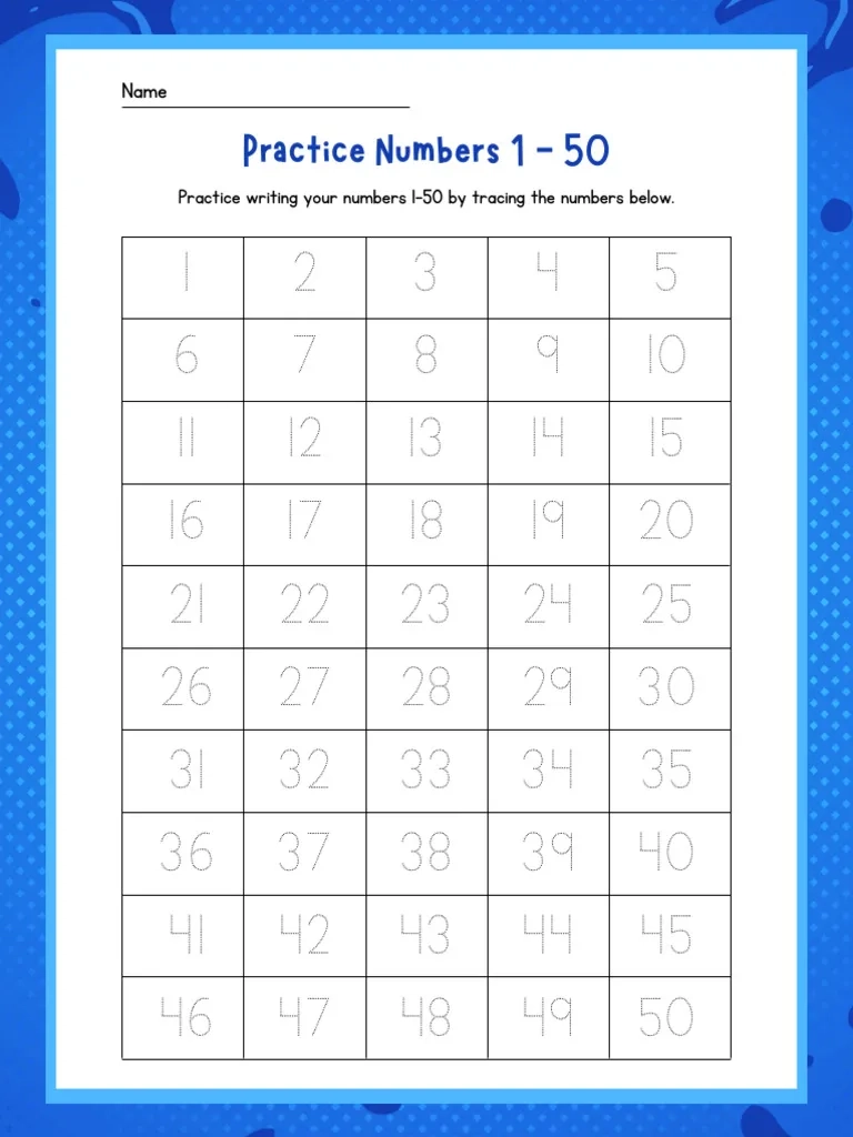 Blue Writing Numbers 1 50 Worksheet PDF PDF
