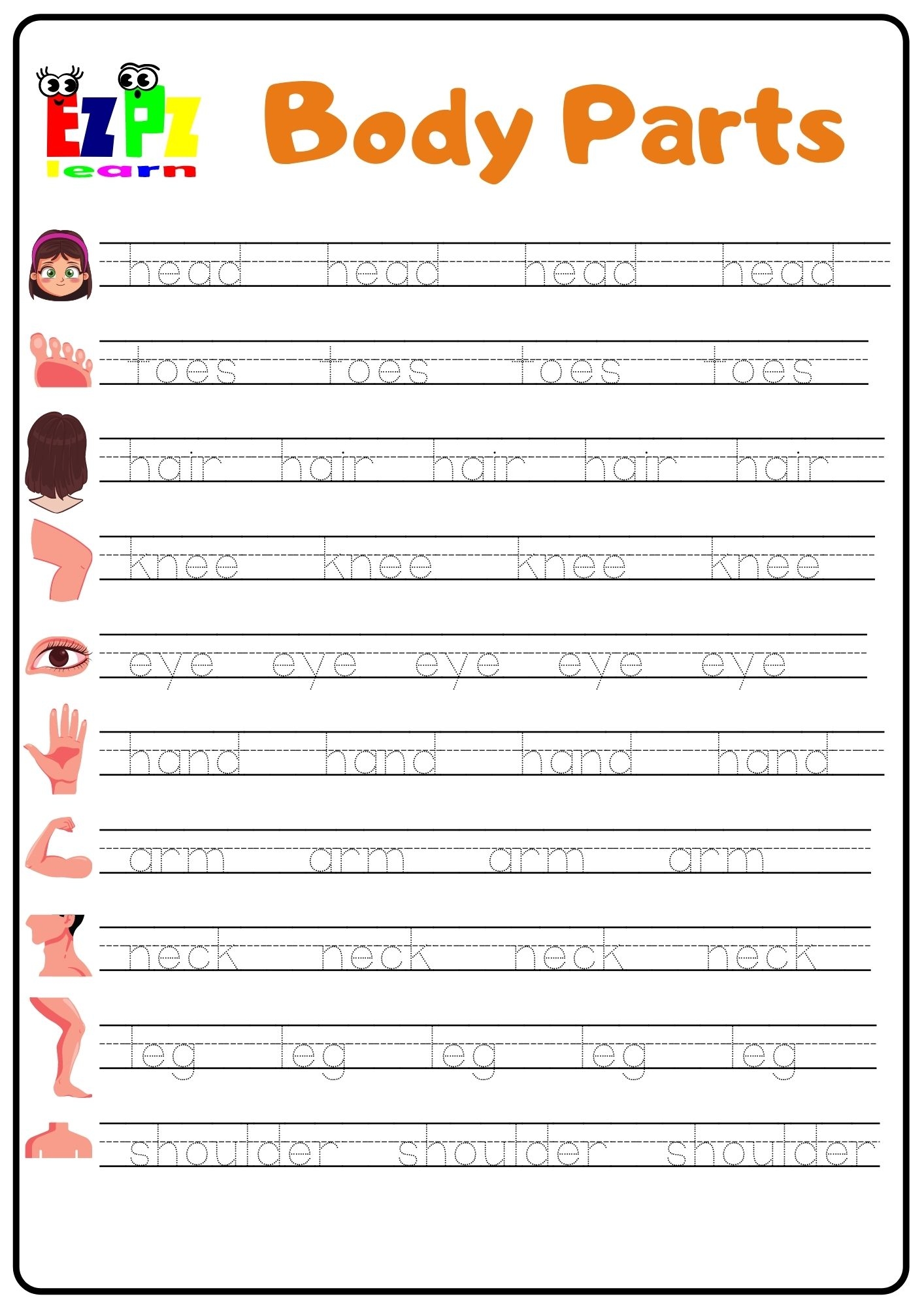 Body Word Tracing Worksheet Ezpzlearn Body Word Tracing Worksheet Ezpzlearn