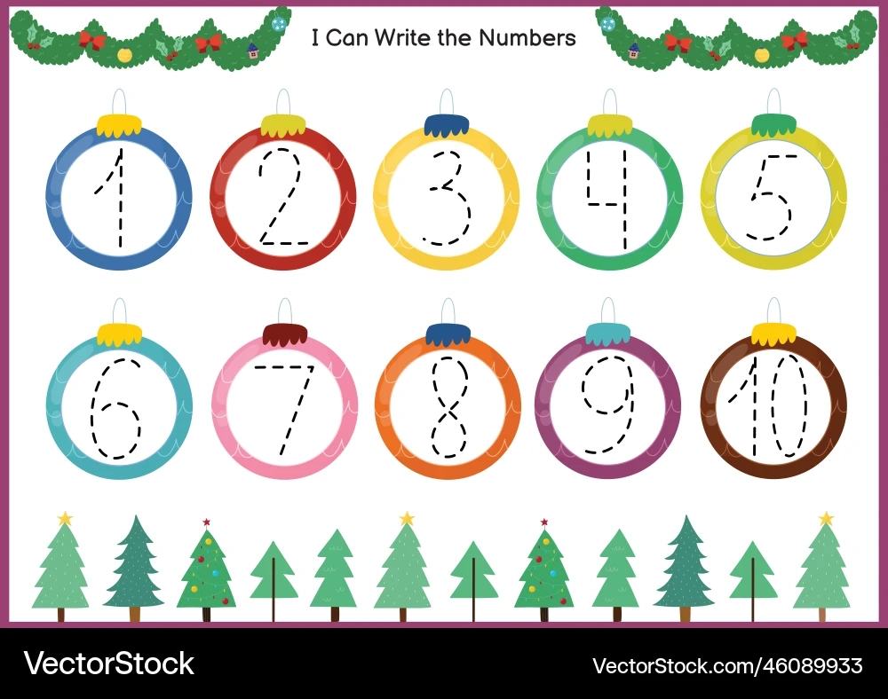 Christmas Number Tracing Worksheet Royalty Free Vector VectorStock