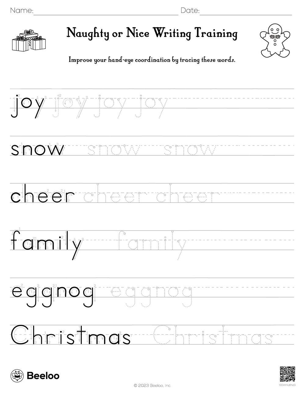 Christmas themed Word Tracing Worksheets Beeloo Printable Crafts 