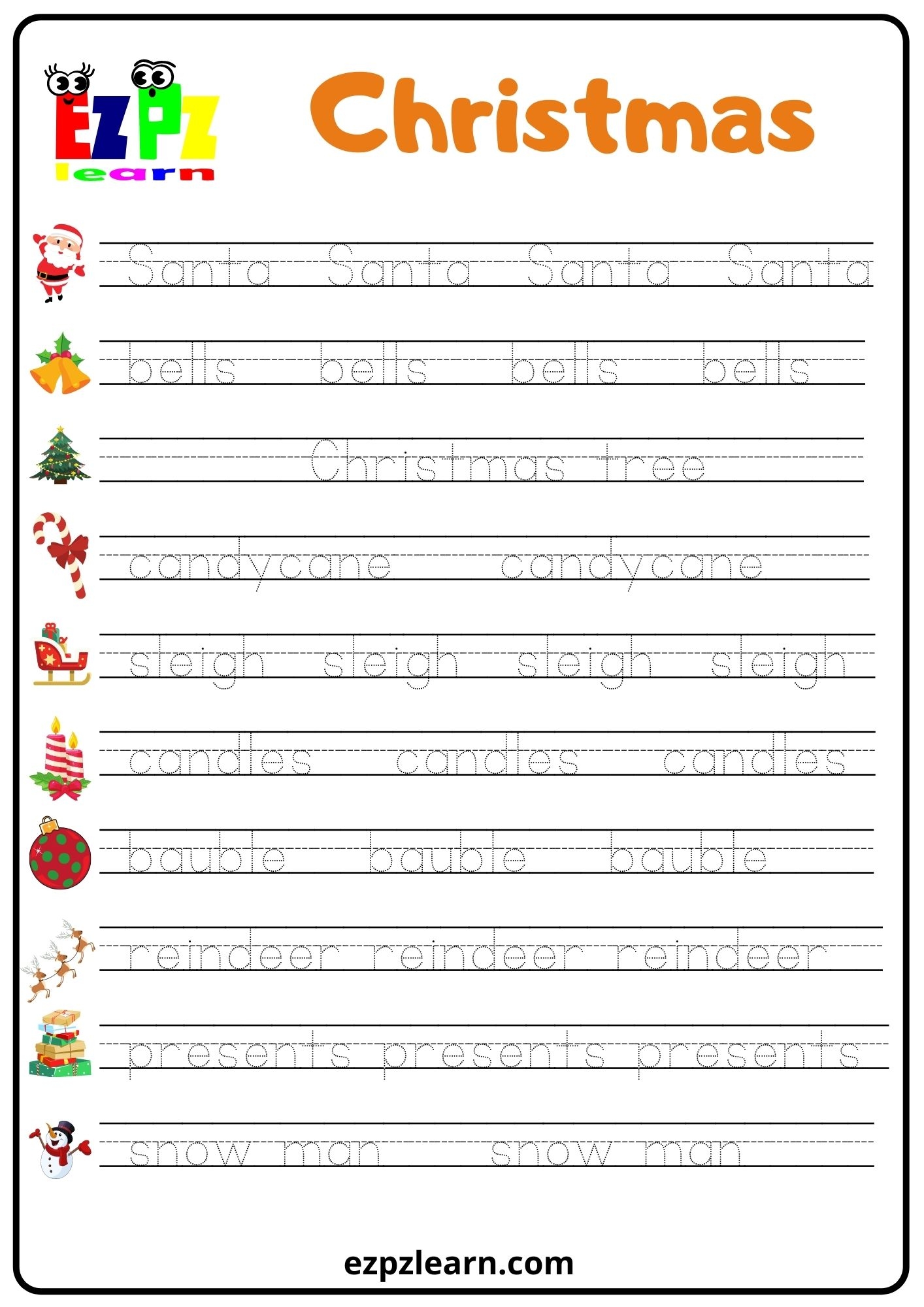 Christmas Word Tracing Worksheet Ezpzlearn Christmas Word Tracing Worksheet Ezpzlearn