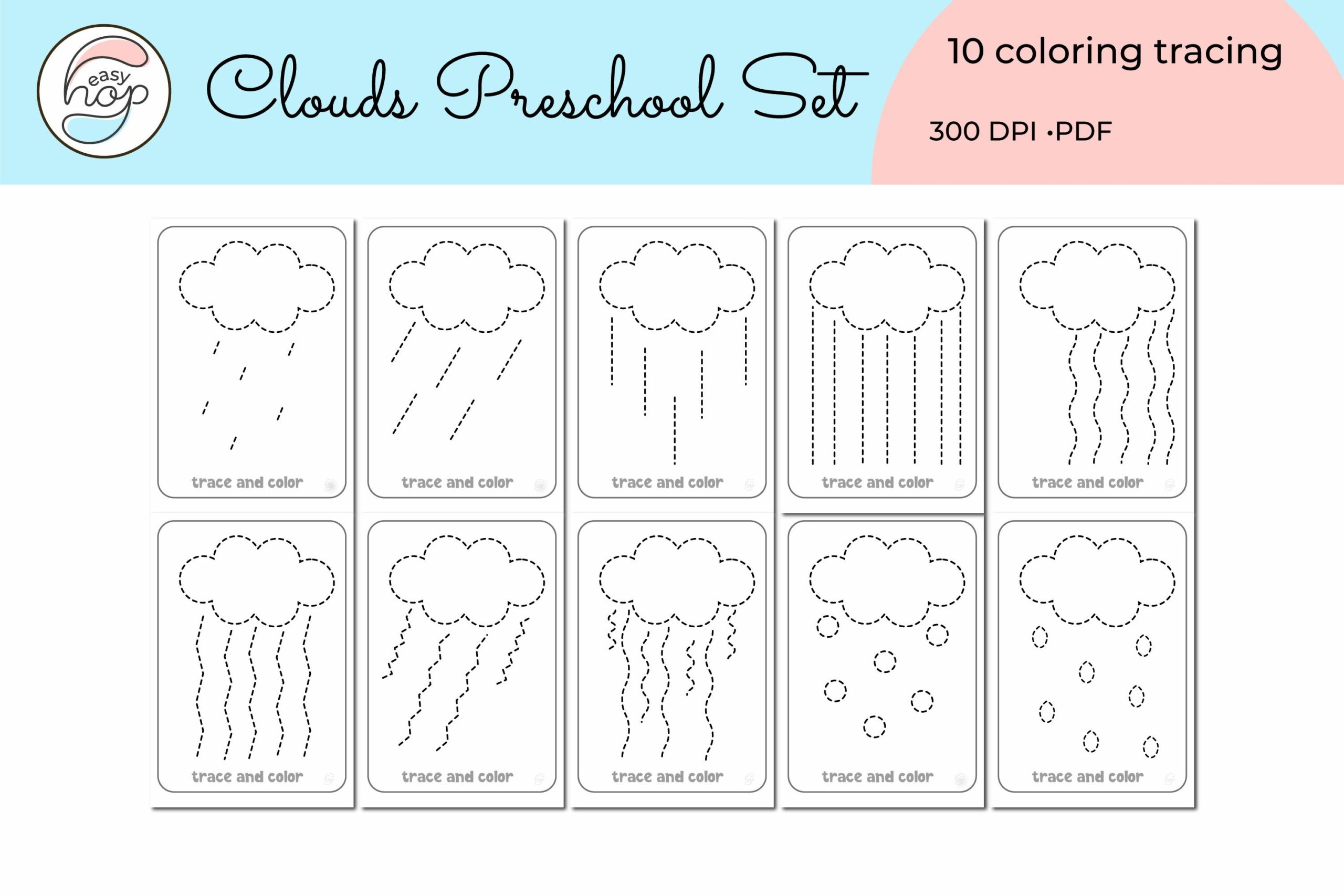 Clouds Tracing Preschool Activity Worksheets Coloring