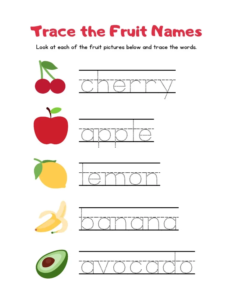 Colorful Trace The Fruit Names Worksheet PDF