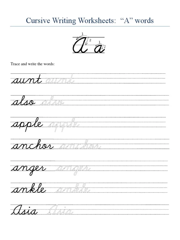 Cursive Writing Worksheets A Words Trace And Write The Words PDF