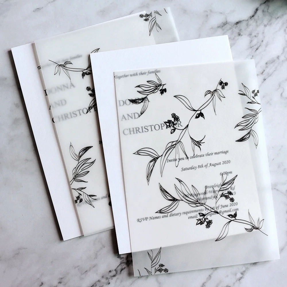 Custom Made Tracing Paper Invite Cards Black Ink Vellum Paper Wedding Invitations With Wholesale Price