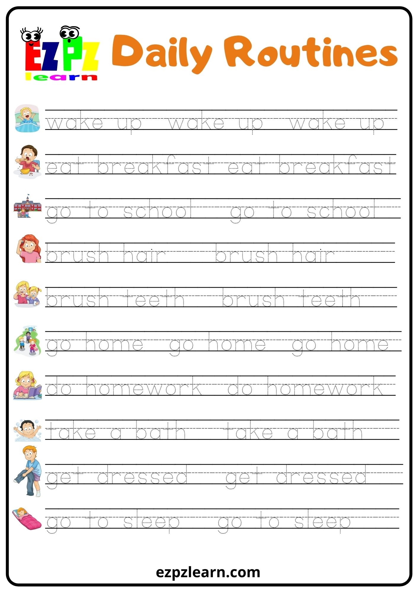 Daily Routine Word Tracing Worksheet Ezpzlearn Daily Routine Word Tracing Worksheet Ezpzlearn