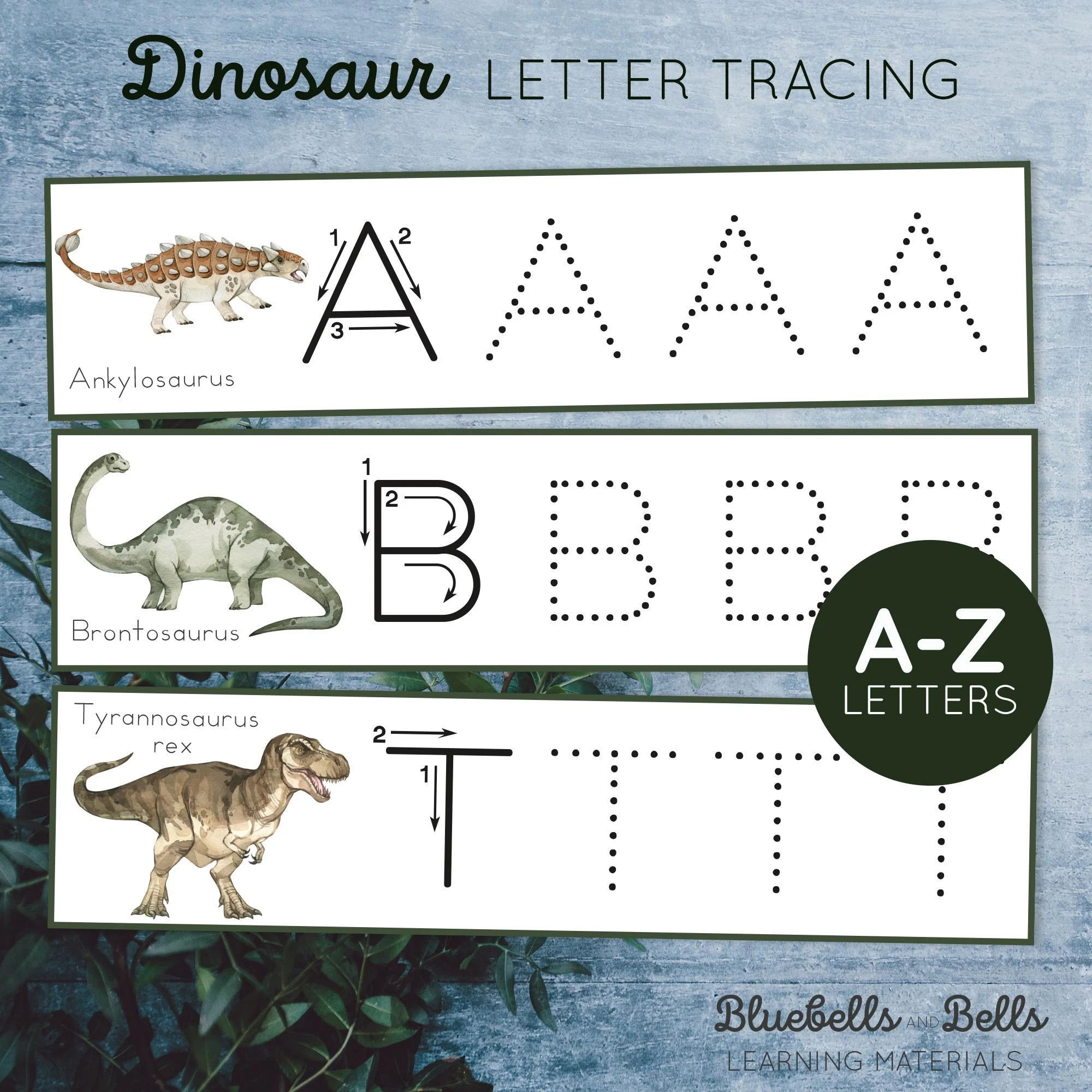 Dinosaur Alphabet Cards Tracing Letters Preschool Montessori 