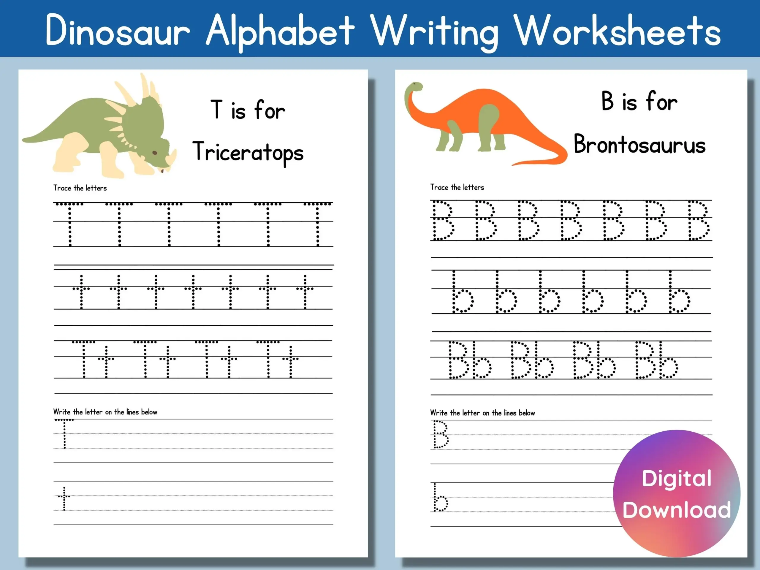 Dinosaur Alphabet Letter Tracing amp Writing Worksheets Alphabet Printable ABC Worksheet ABC Dinosaur Printable Activities Worksheets
