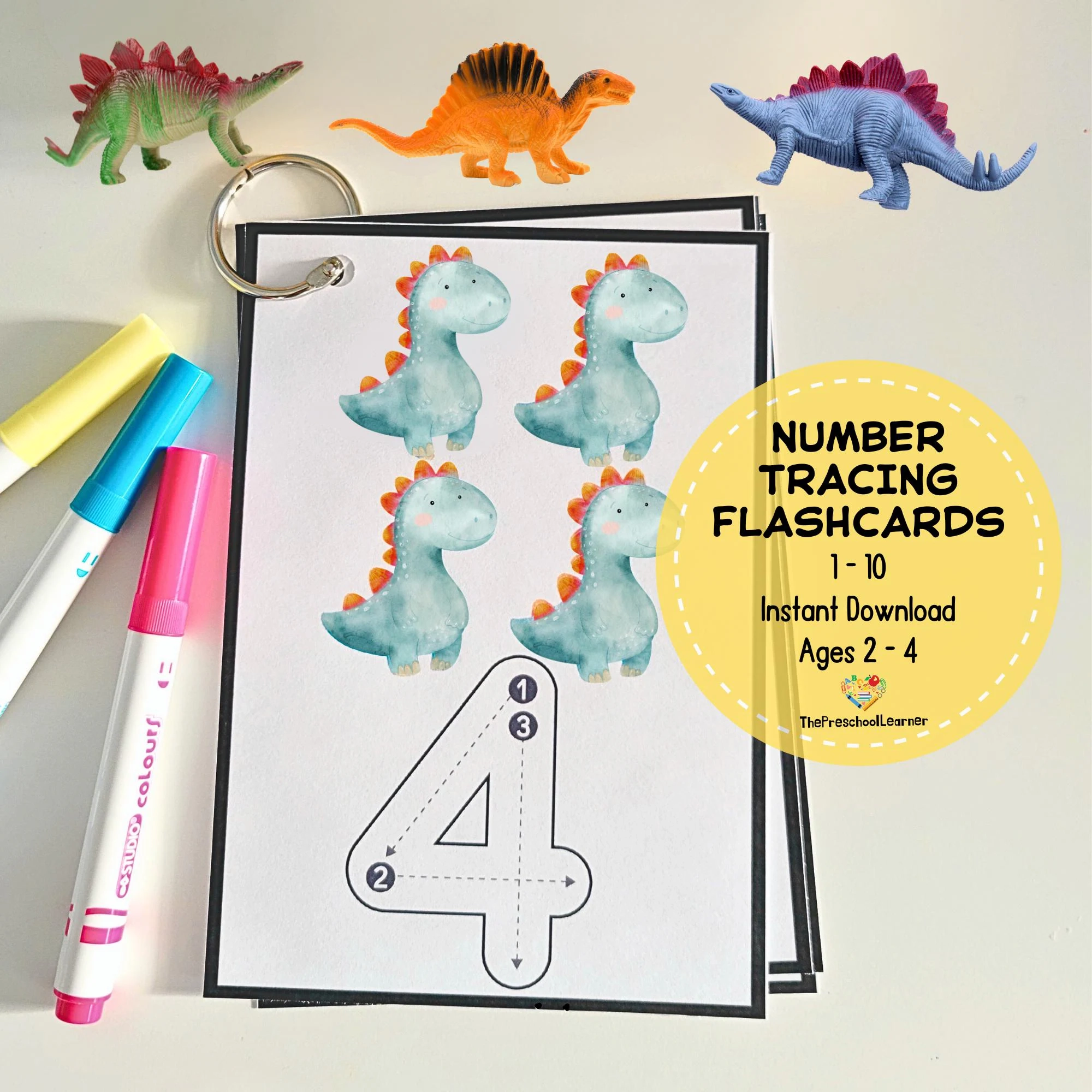 Dinosaur Number Tracing Flashcards Math Worksheet PDF Etsy