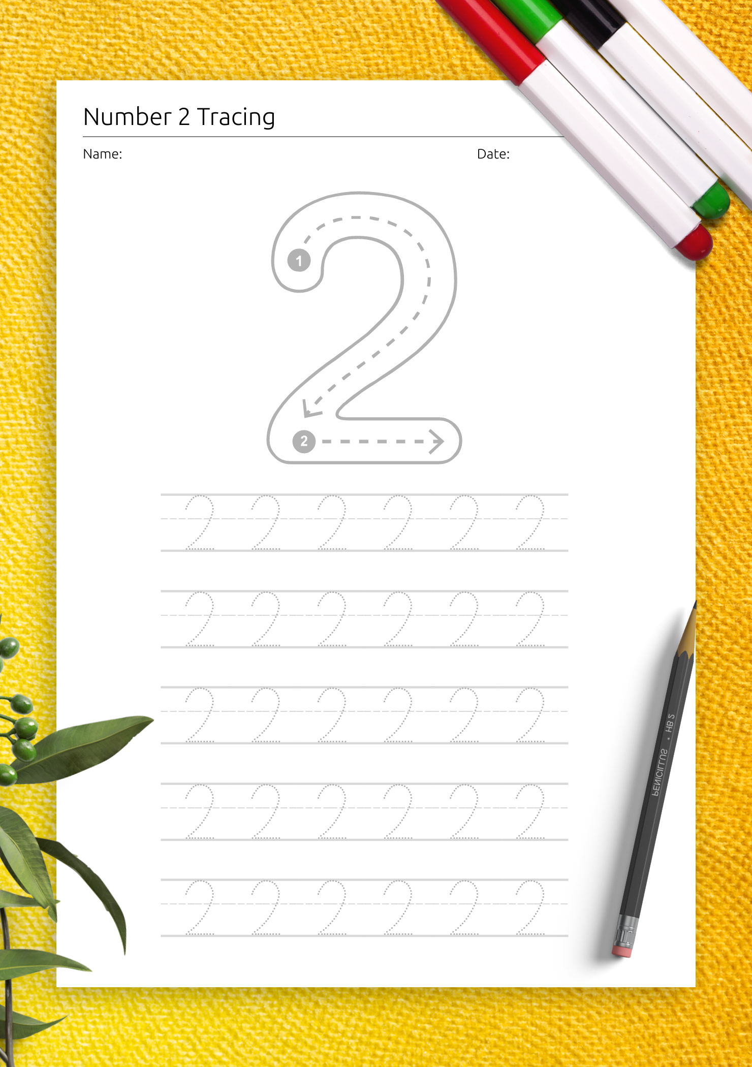 Download Number 2 Trace For Kids Printable PDF