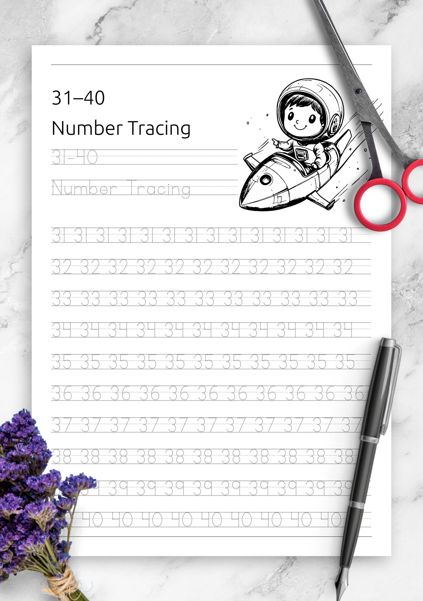 Download Number Tracing 31 40 Printable PDF