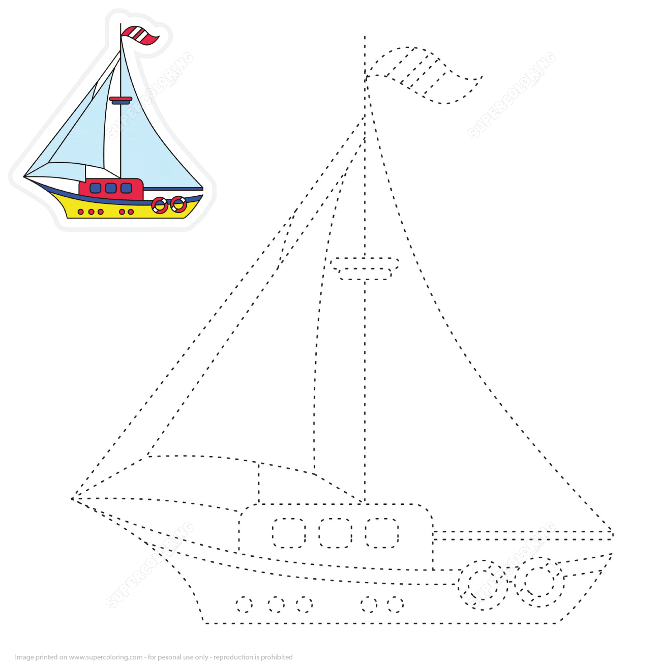Draw A Boat By Tracing Lines And Color Free Printable Worksheets