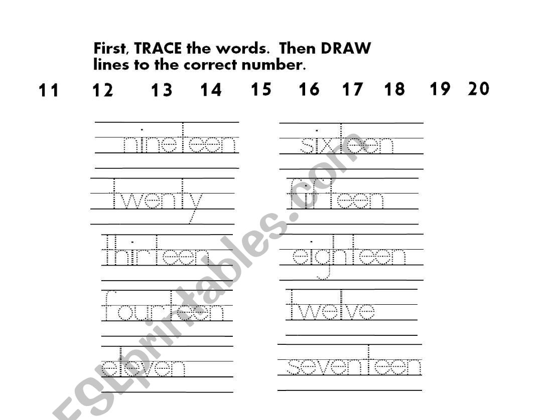 English Worksheets Numbers 11 20 Trace And Draw Worksheets Library