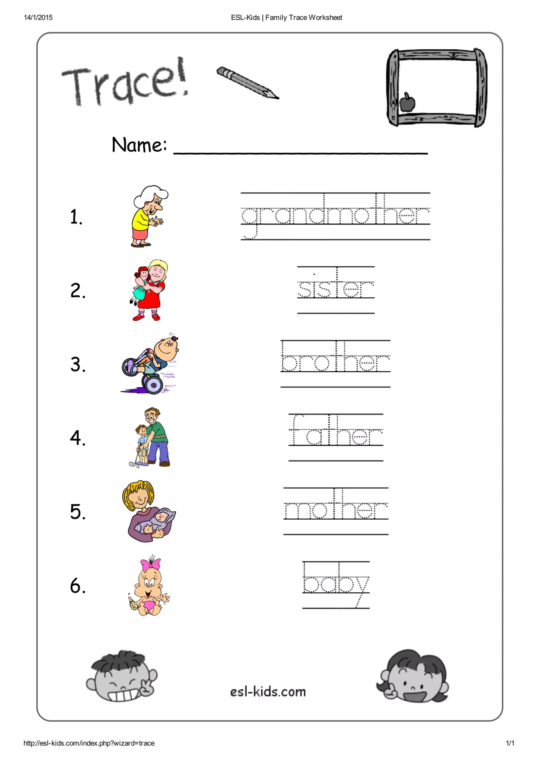 Esl Kids Family Trace Worksheet PDF