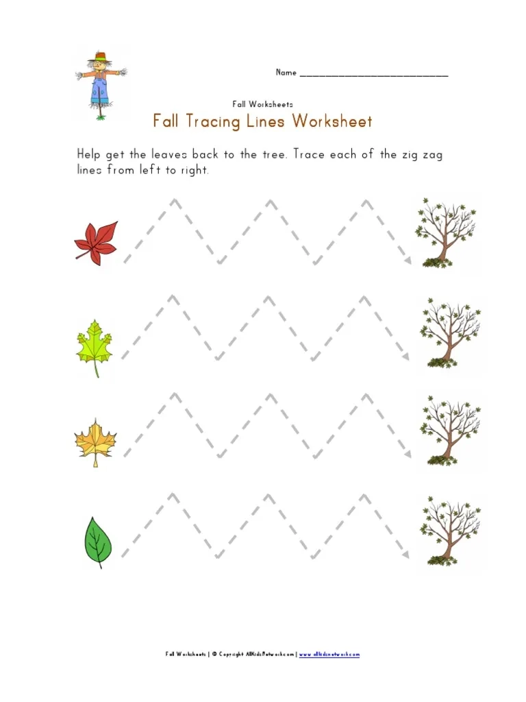 Fall Tracing Zig Zag Lines Worksheet PDF