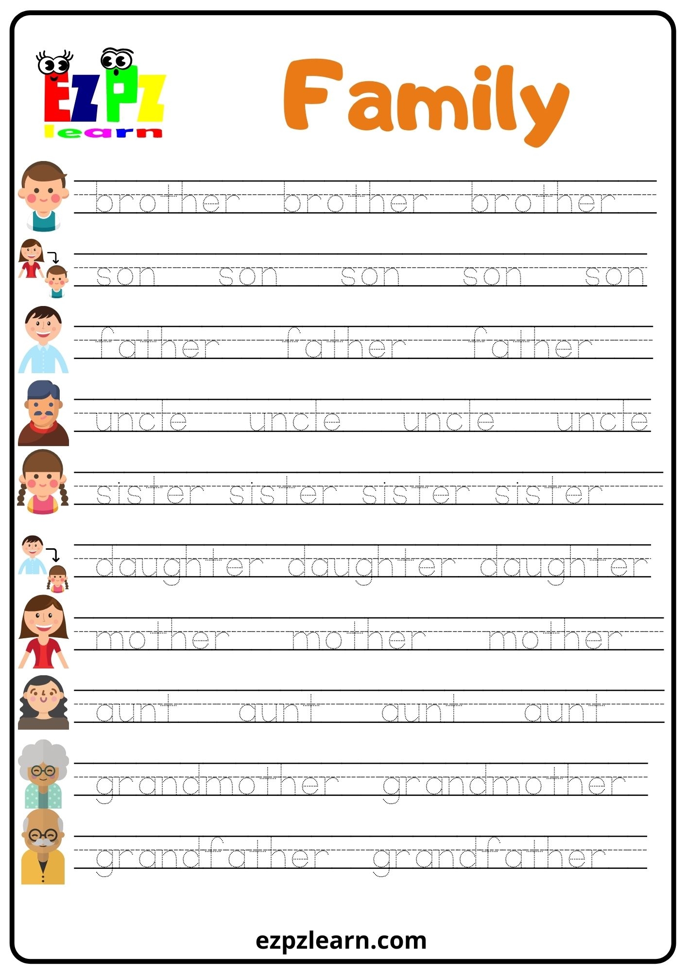 Family Word Tracing Worksheet Ezpzlearn