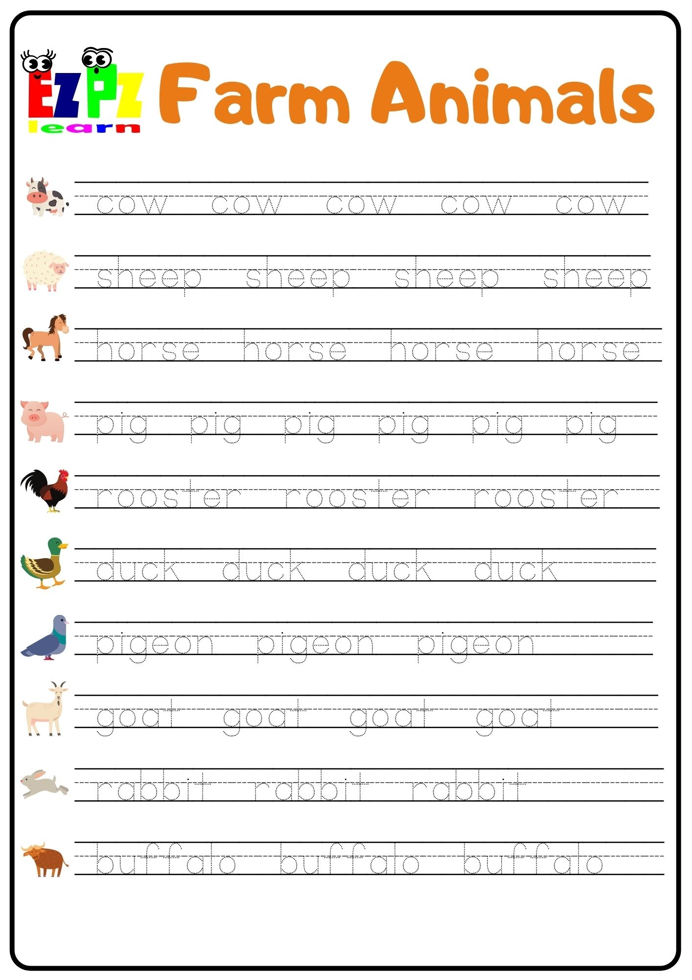 Farm Animals Tracing Ezpzlearn
