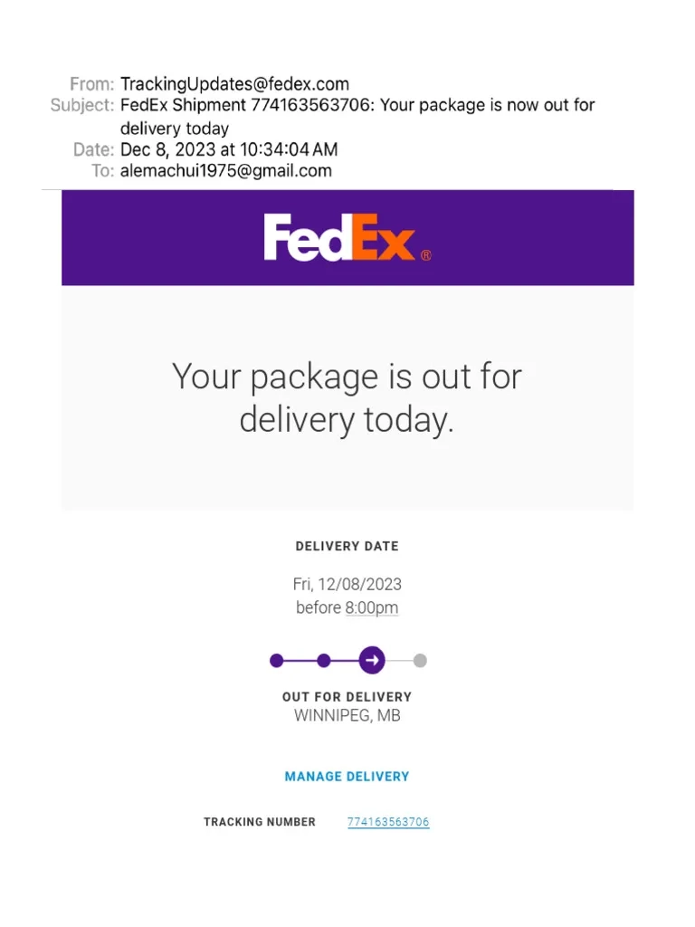FedEx Shipment 774163563706 Your Package Is Now Out For Delivery 