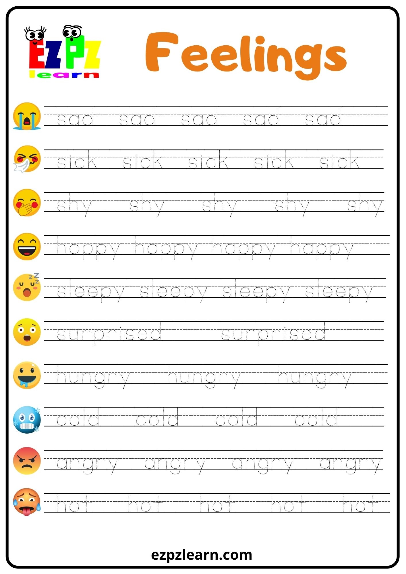 Feelings Word Tracing Worksheet Ezpzlearn