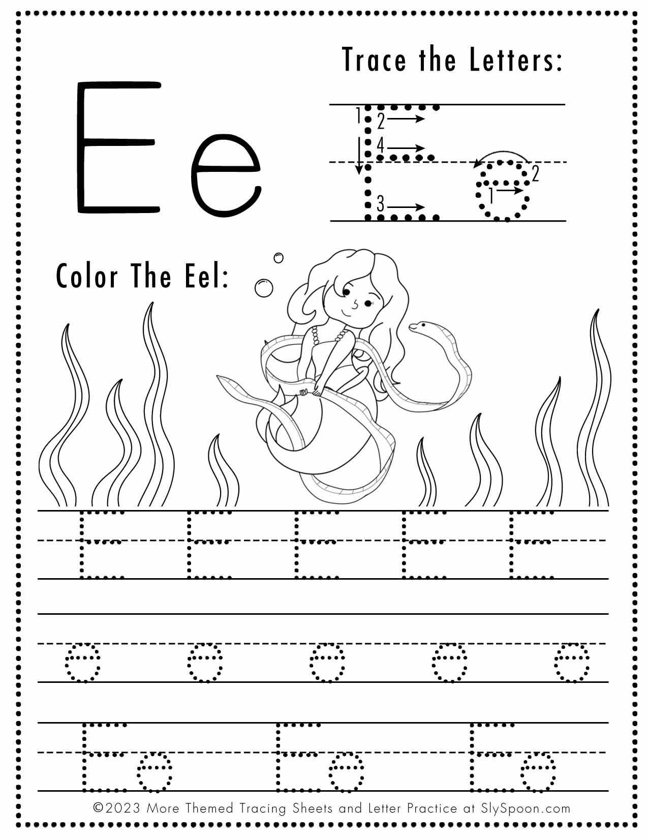 Free Letter E Tracing Worksheet Printable Mermaid Themed Sly Spoon Free Letter E Tracing Worksheet Printable Mermaid Themed Sly Spoon
