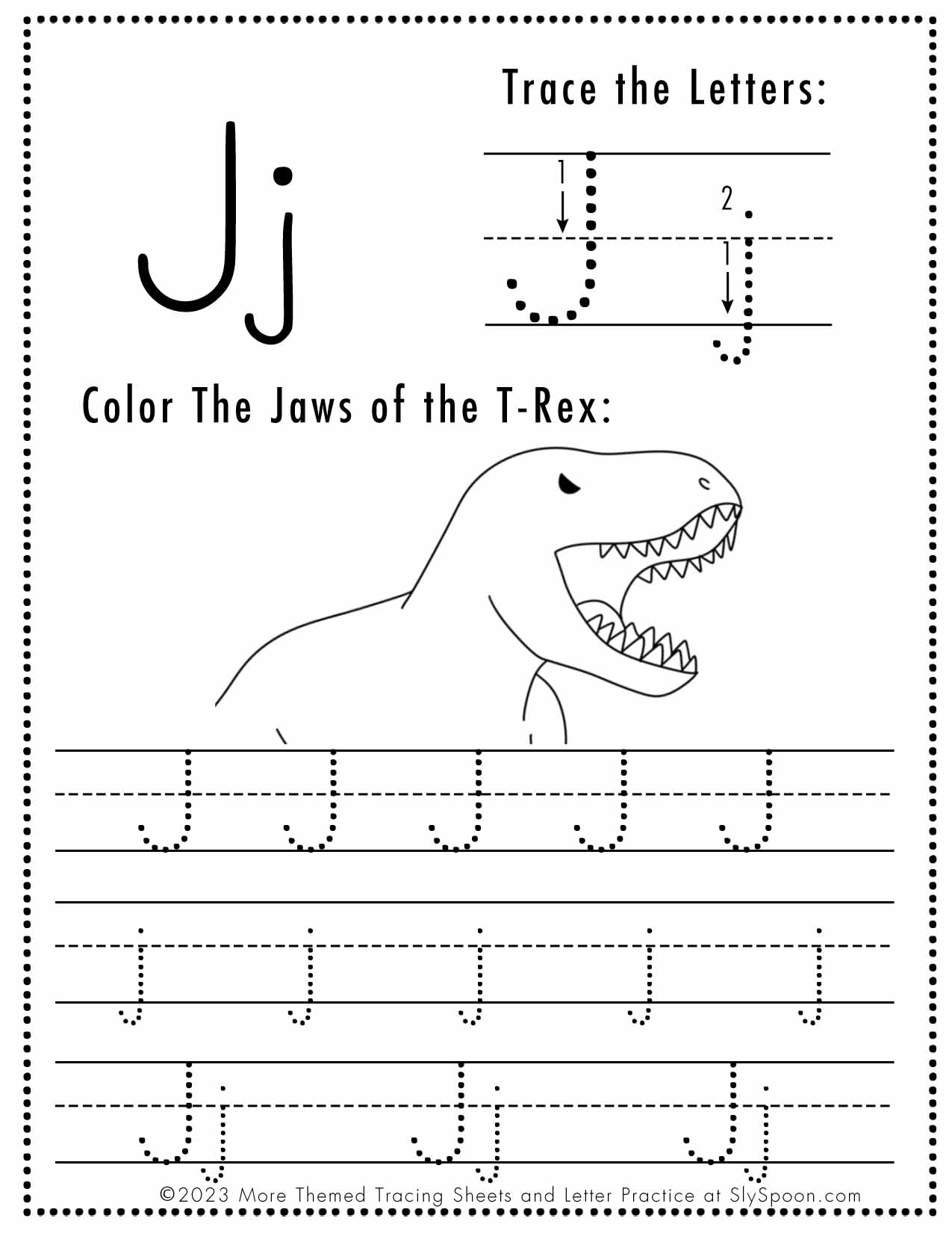 Free Letter J Tracing Worksheet Printable Dinosaur Themed Sly 
