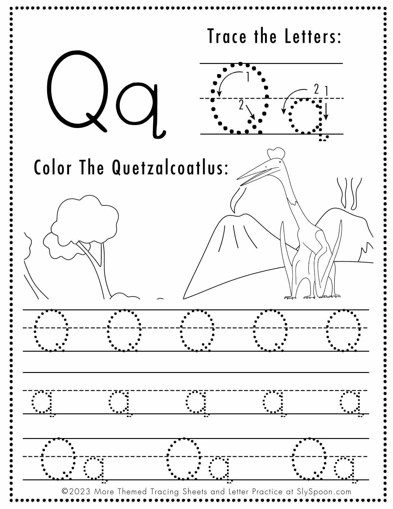 Free Letter Q Tracing Worksheet Printable Dinosaur Themed Sly 
