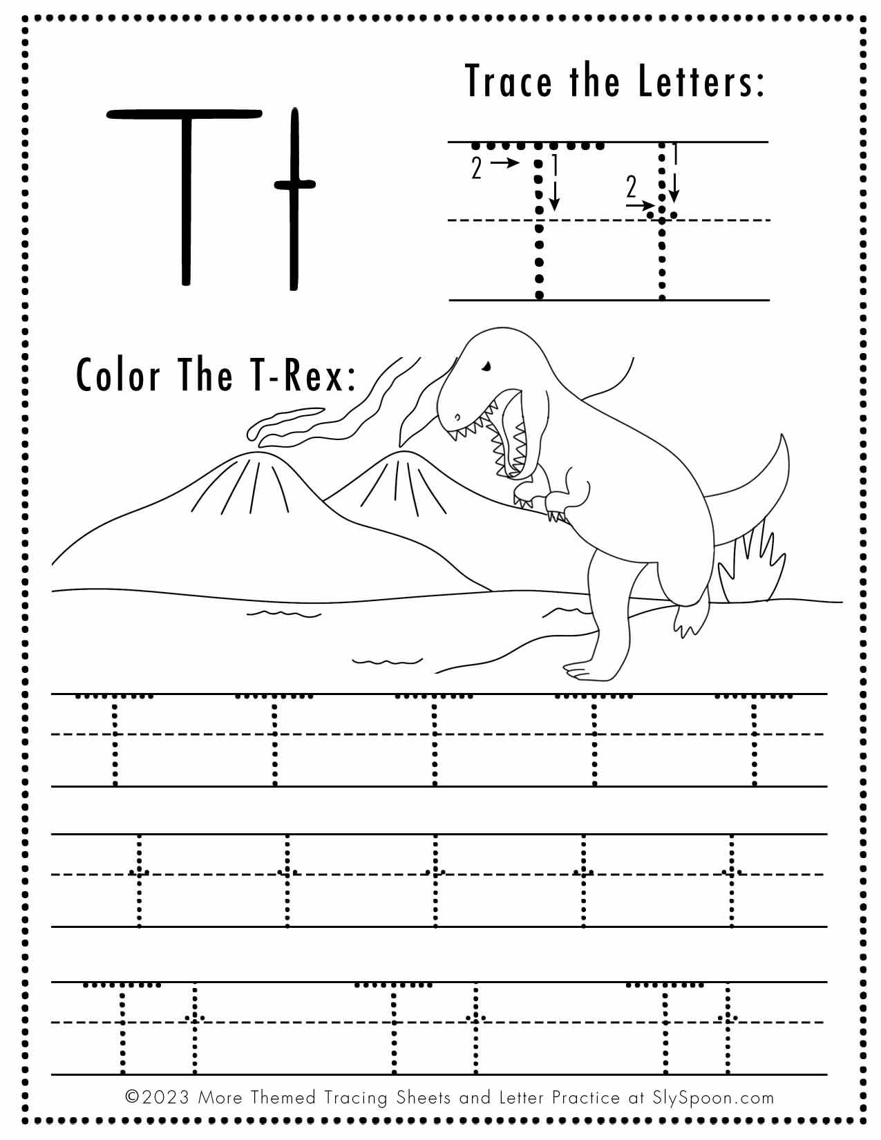 Free Letter T Tracing Worksheet Printable Dinosaur Themed Sly 
