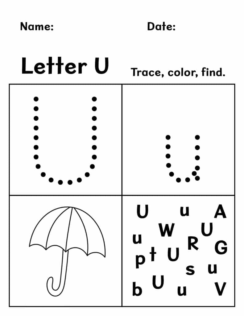 Tracing Letter U Worksheets For Kindergarten