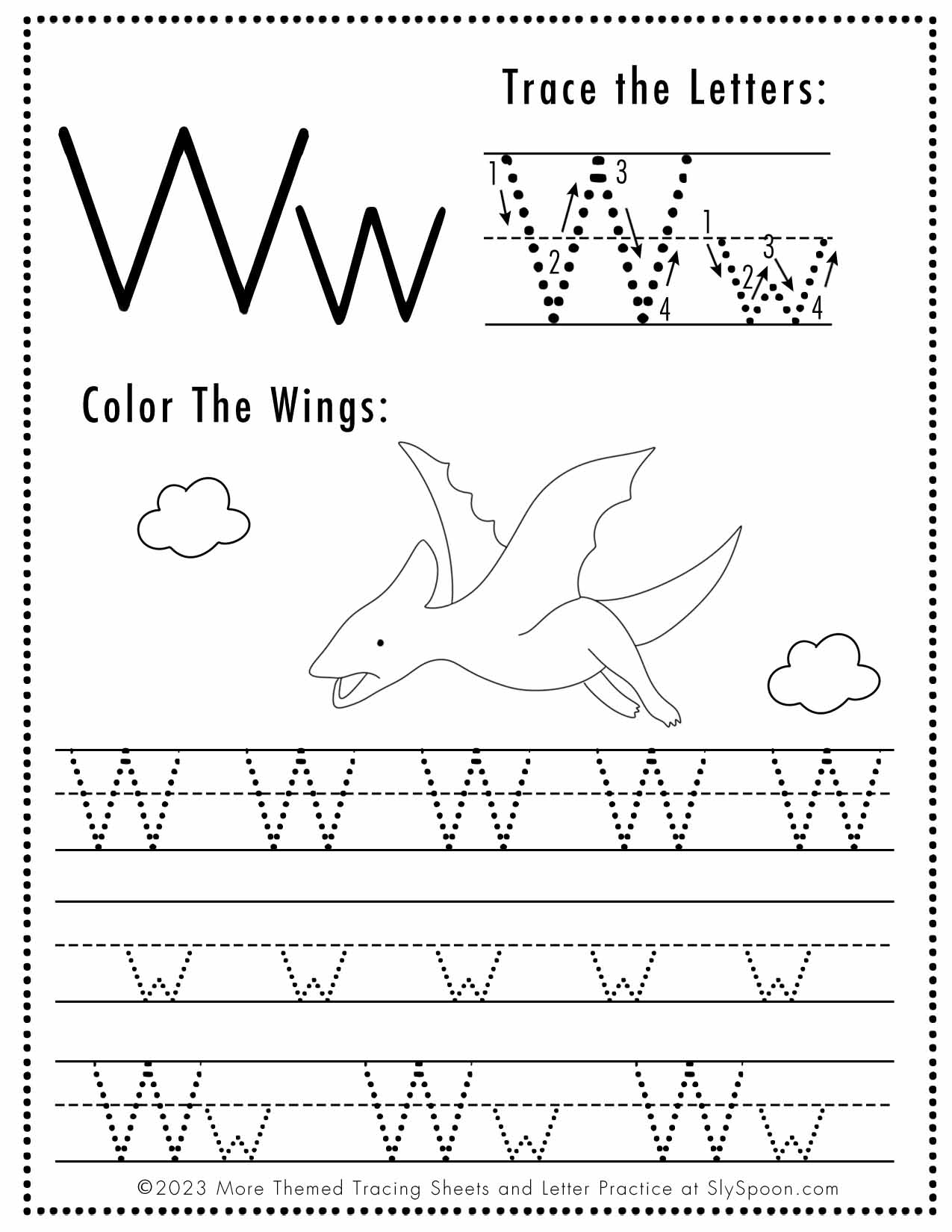 Free Letter W Tracing Worksheet Printable Dinosaur Themed Sly 