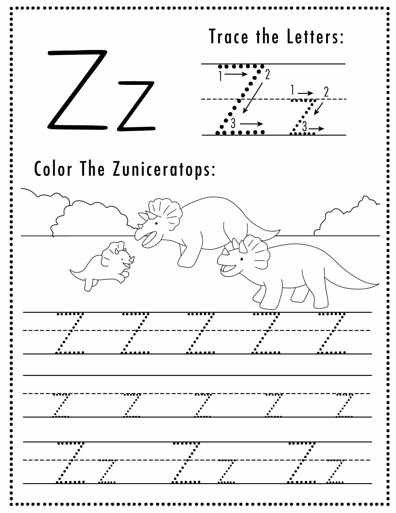 Free Letter Z Tracing Worksheet Printable Dinosaur Themed Sly 