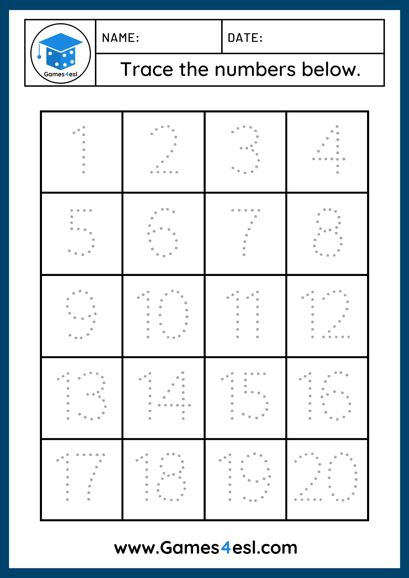 Tracing Numbers 1-15 Worksheet