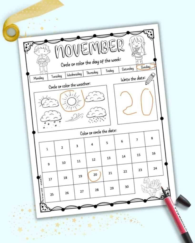 November Tracing Worksheets