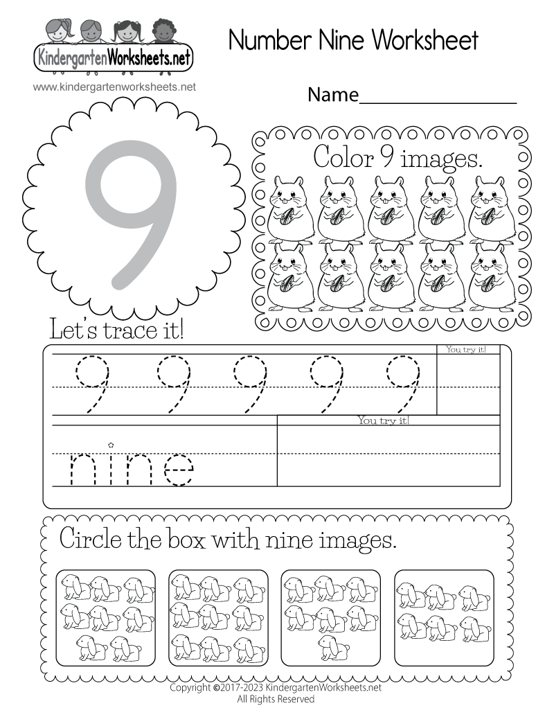 Tracing Number 9 Worksheets For Kindergarten