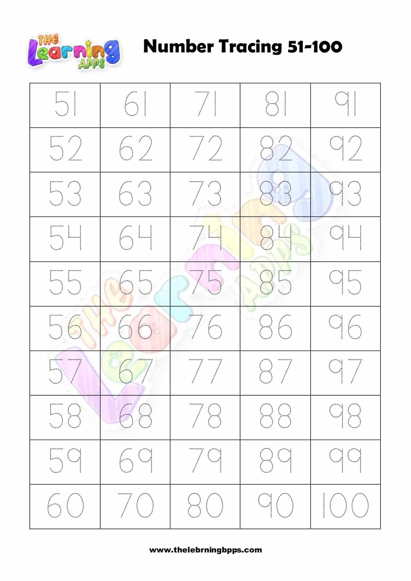 Free Printable Number Tracing 51 100 Worksheet For Kids
