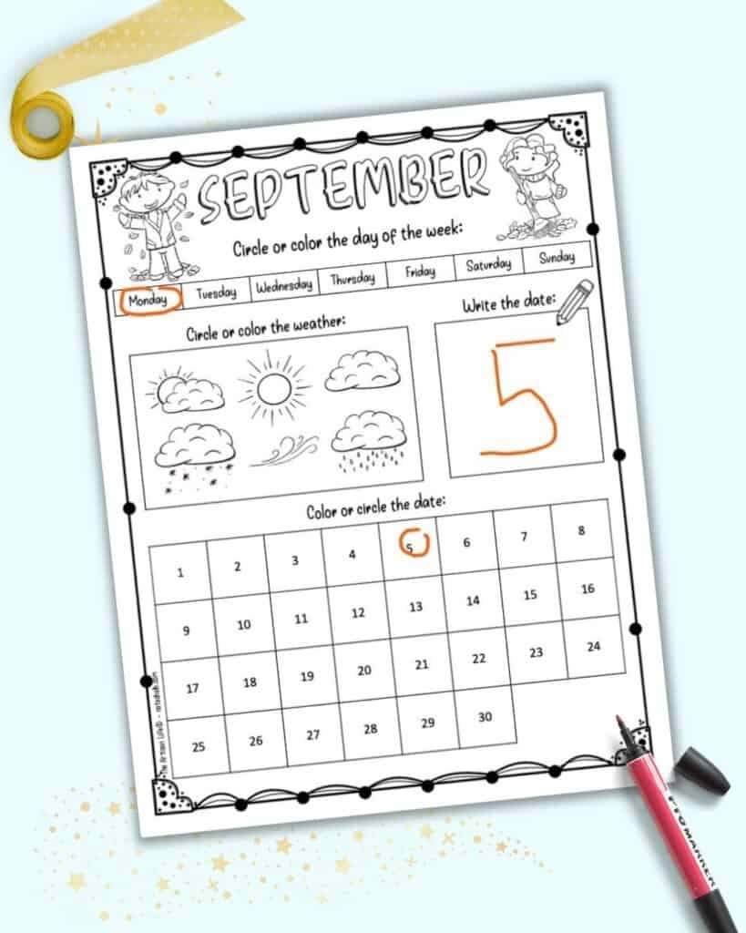 Free Printable September Calendar Worksheet For Kids The Artisan 