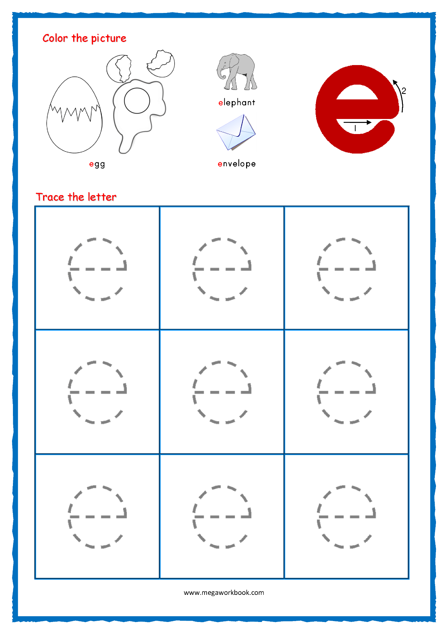 Small Letter E Tracing Worksheet