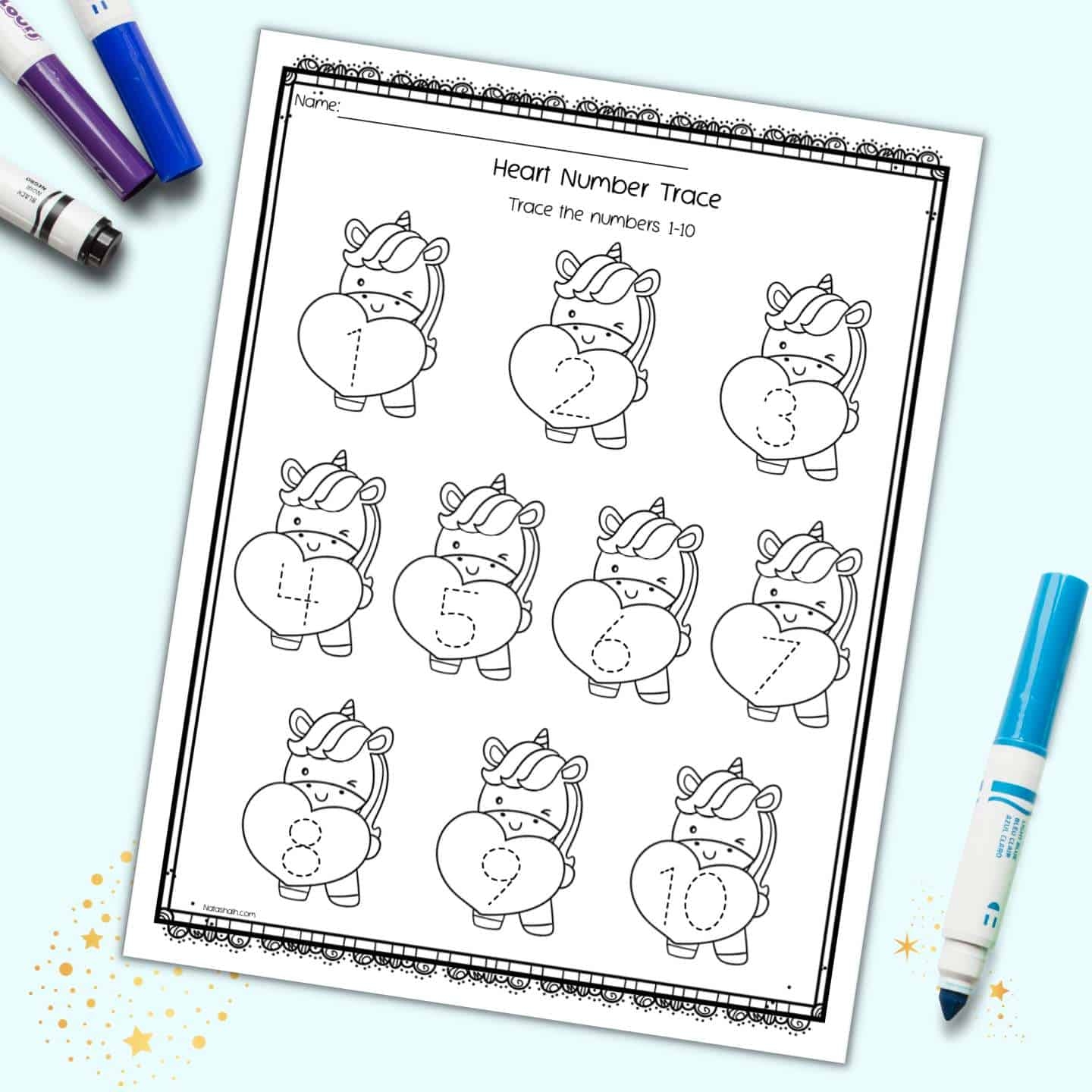 Free Printable Valentine s Unicorns Number Tracing Worksheet 1 10 
