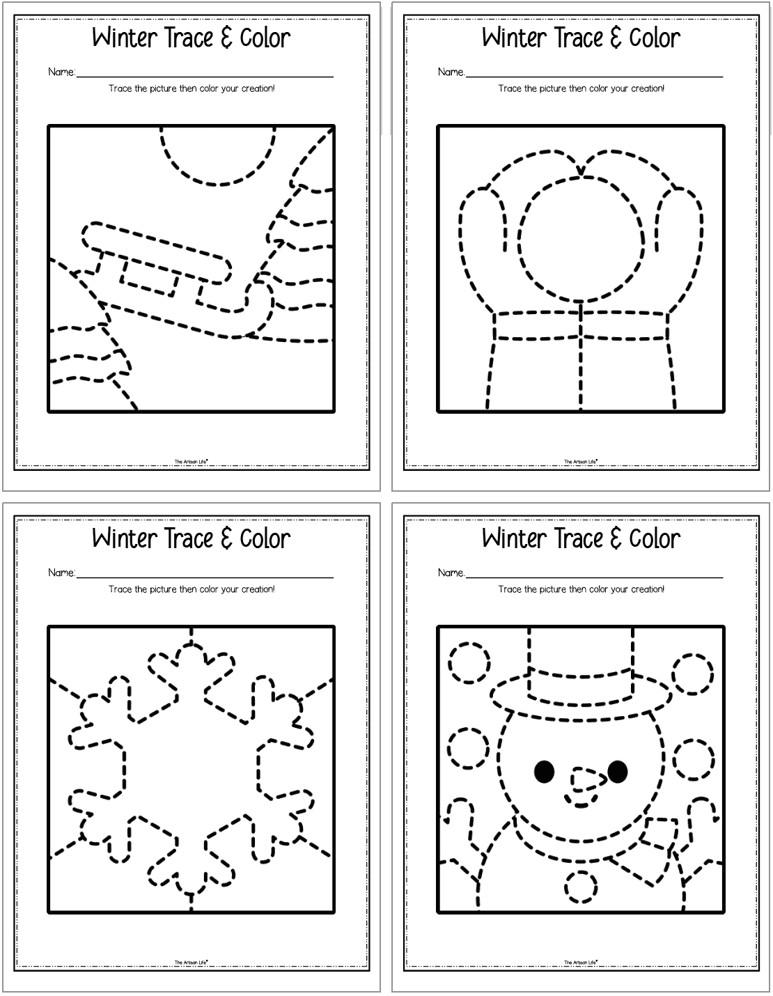 Free Printable Winter Trace amp Color Worksheets The Artisan Life
