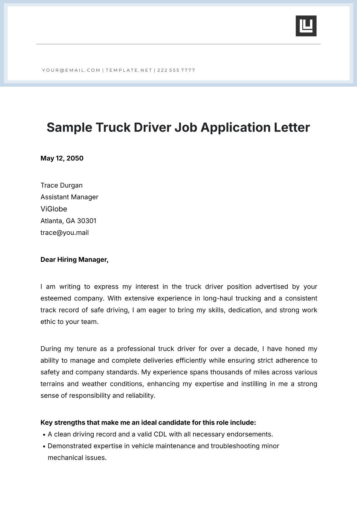 Free Sample Truck Driver Job Application Letter Template To Edit 