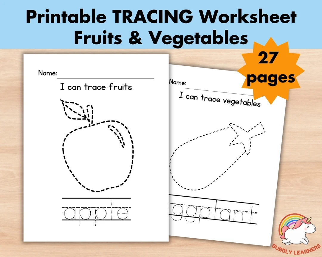 Fruits Vegetables Tracing Worksheets Trace Pages Printable 